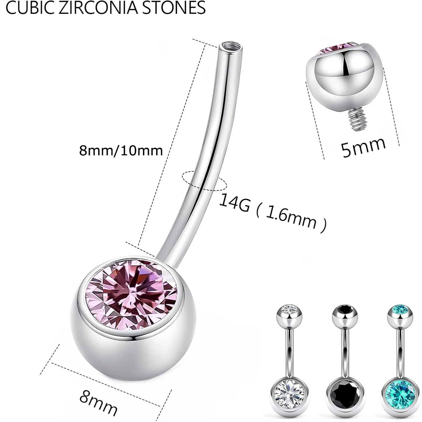 Titanium Belly Button Rings 1pcs 14G Curved Barbell with CZ Top 8mm 10mm Hypoallergenic Piercing Jewelry Women G23 Implant Grade