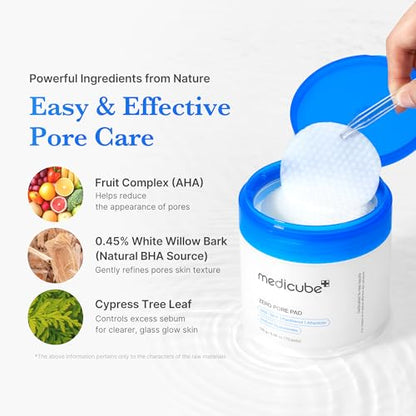medicube Toner Pads Zero Pore Pad 2.0 | Dual-Textured Facial Pad for Exfoliation and Pore Care with 4.5% AHA Lactic Acid, 0.45% BHA Salicylic Acid | Ideal for All, Korean Skin Care, 70 Pads (1 Pack)