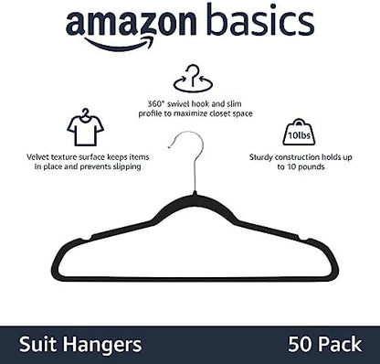 Amazon Basics Slim Velvet Non-Slip Space Saving Suit Clothes Hangers, Closet Organizer, Black, 50-Pack