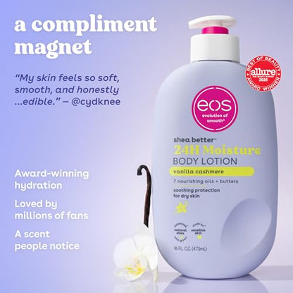 eos Shea Better Body Lotion Vanilla Cashmere, 24-Hour Moisture Skin Care, Lightweight & Non-Greasy, Natural Shea, Vegan, Vanilla Body Lotion, 16 fl oz