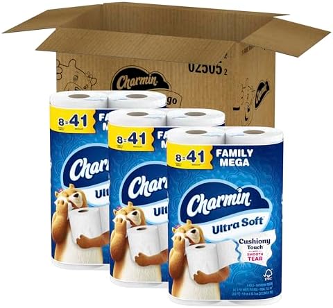 Charmin Ultra Soft Cushiony Touch Toilet Paper, 24 Family Mega = 123 Regular Rolls, White