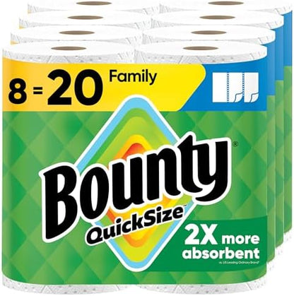 Ultra Absorbent Bounty Quick-Size Paper Towels – Family Pack (8 = 20 Regular Rolls) | 2X More Absorbent Kitchen Paper Towels