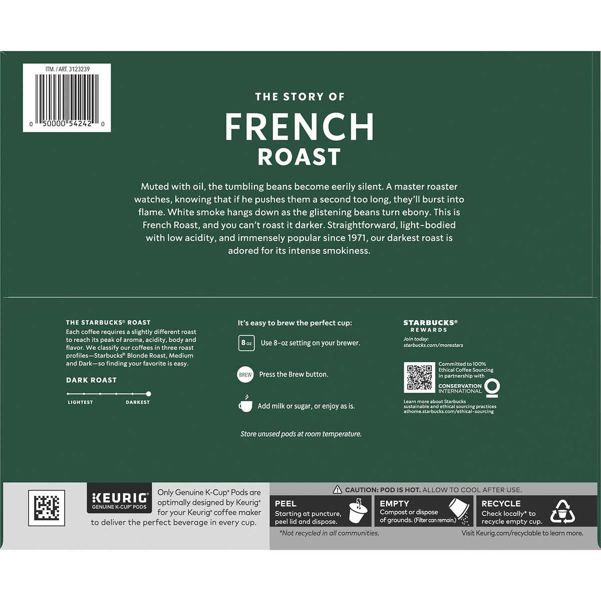 Starbucks K-Cup Coffee Pods, Dark Roast Hot or Iced Coffee, French Roast, 96 Keurig Pods