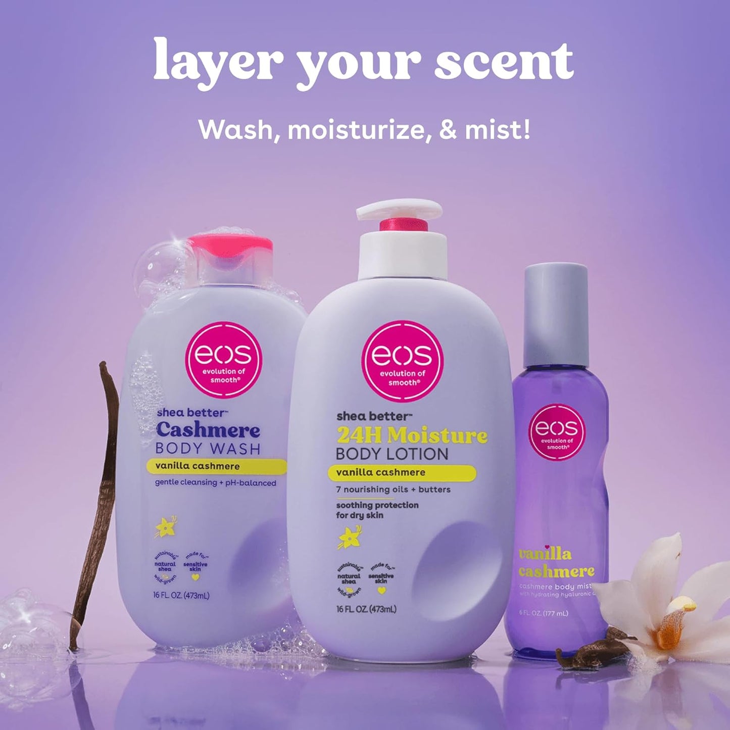 eos Shea Better Body Lotion Vanilla Cashmere, 24-Hour Moisture Skin Care, Lightweight & Non-Greasy, Natural Shea, Vegan, Vanilla Body Lotion, 16 fl oz