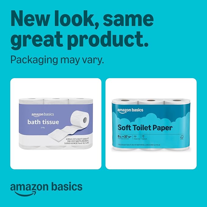 Amazon Basics 2-Ply Soft Toilet Paper, 30 Rolls (5 Packs of 6), 350 Sheets per Roll, Septic Safe, Equivalent to 185 Regular Rolls