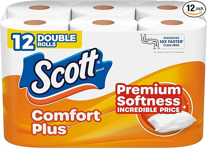 Scott ComfortPlus Toilet Paper, 12 Double Rolls, 231 Sheets per Roll, Septic-Safe, 1-Ply Toilet Tissue