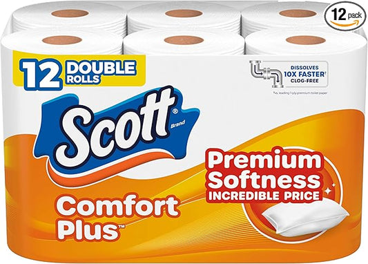 Scott ComfortPlus Toilet Paper, 12 Double Rolls, 231 Sheets per Roll, Septic-Safe, 1-Ply Toilet Tissue