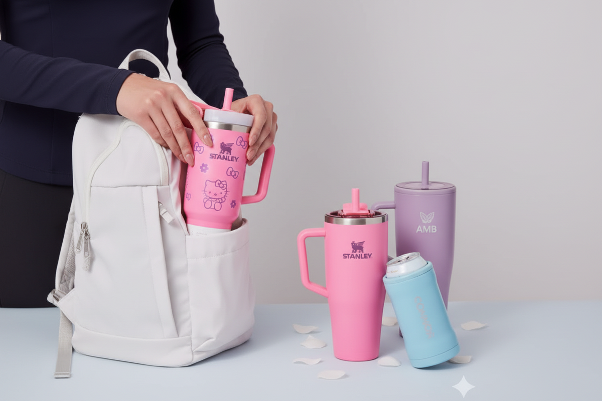 Pink and purple insulated tumblers with handles on a white background